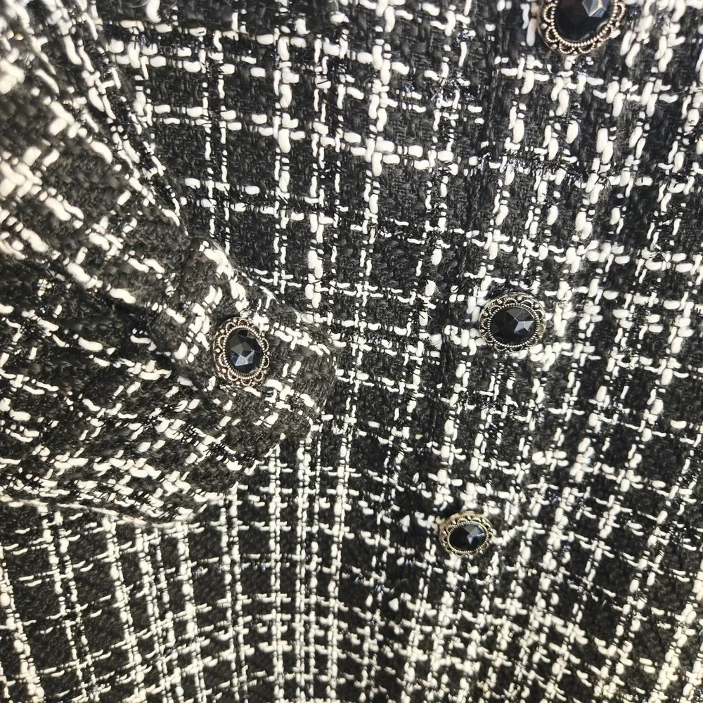 Cato Black White Tweed Shirt Jacket Shacket Button Front Fringe Pockets Small